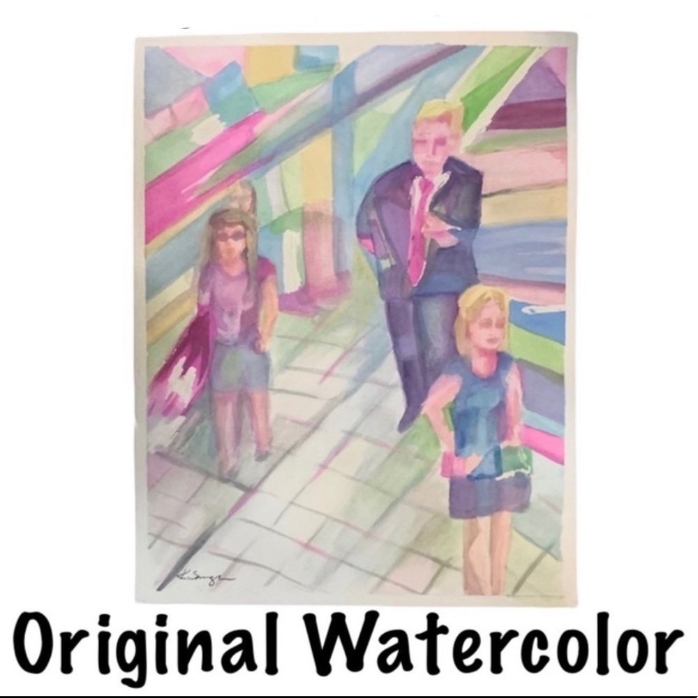 HAND CRAFTED Original Watercolor Painting “At the Station” cubist/abstract style